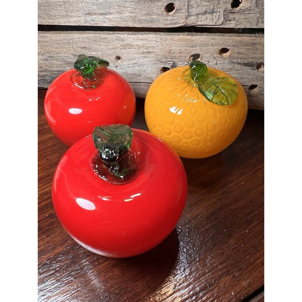Vintage Hand Blown Glass Fruit Gorgeous Brilliant Colors Orange Tomato Apple